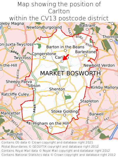 Map showing location of Carlton within CV13