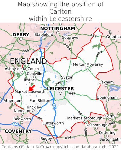 Map showing location of Carlton within Leicestershire