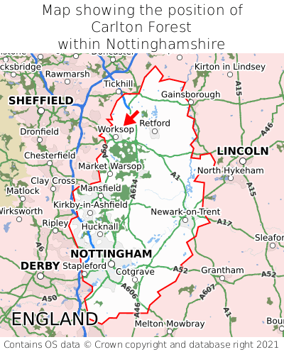 Map showing location of Carlton Forest within Nottinghamshire