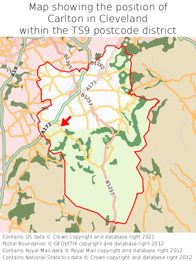 Map showing location of Carlton in Cleveland within TS9