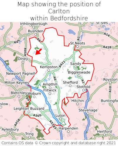 Map showing location of Carlton within Bedfordshire