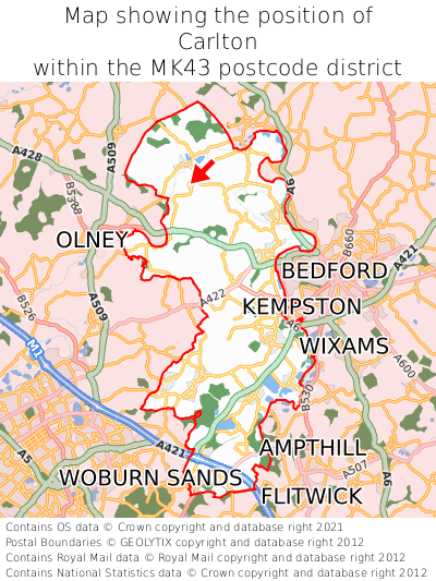 Map showing location of Carlton within MK43