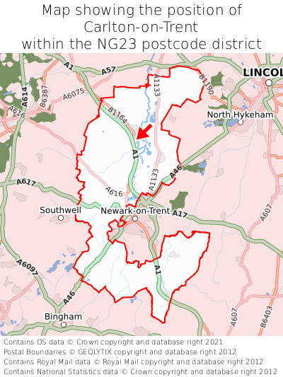 Map showing location of Carlton-on-Trent within NG23