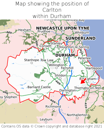 Map showing location of Carlton within Durham