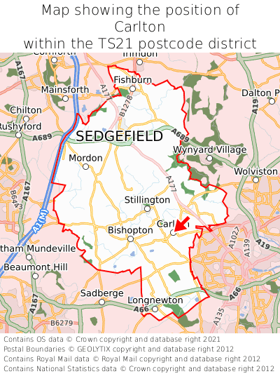 Map showing location of Carlton within TS21