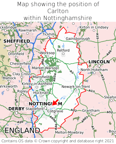 Map showing location of Carlton within Nottinghamshire