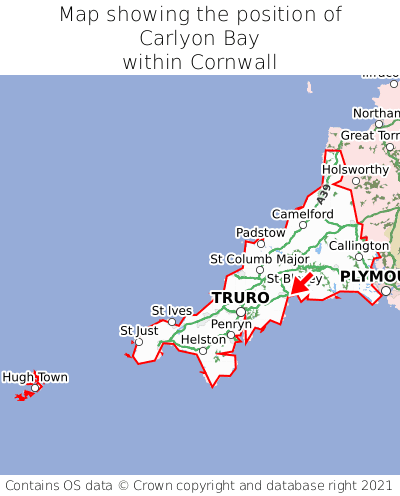Map showing location of Carlyon Bay within Cornwall