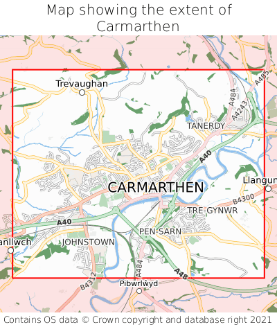 Map showing extent of Carmarthen as bounding box