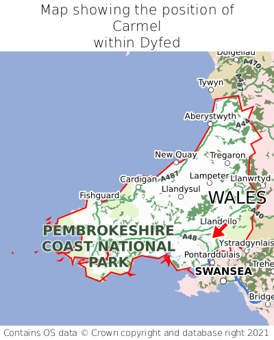 Map showing location of Carmel within Dyfed