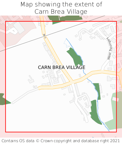 Map showing extent of Carn Brea Village as bounding box
