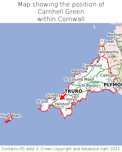 Map showing location of Carnhell Green within Cornwall