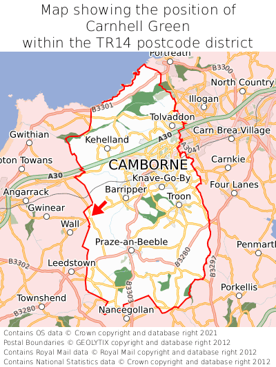 Map showing location of Carnhell Green within TR14