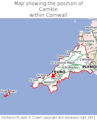 Map showing location of Carnkie within Cornwall