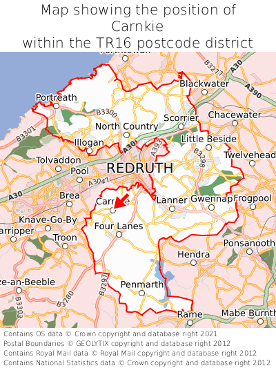 Map showing location of Carnkie within TR16