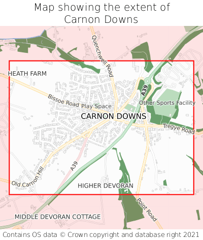 Map showing extent of Carnon Downs as bounding box