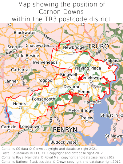 Map showing location of Carnon Downs within TR3