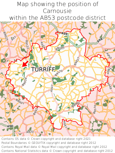 Map showing location of Carnousie within AB53