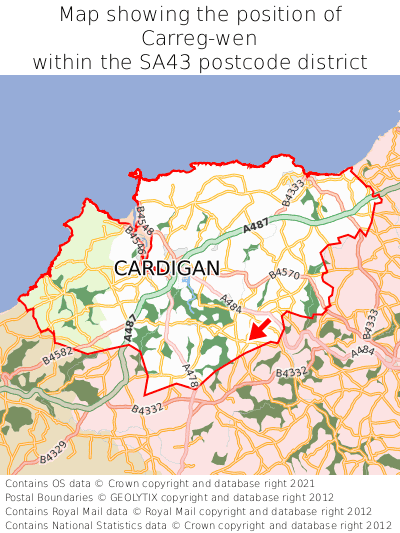 Map showing location of Carreg-wen within SA43