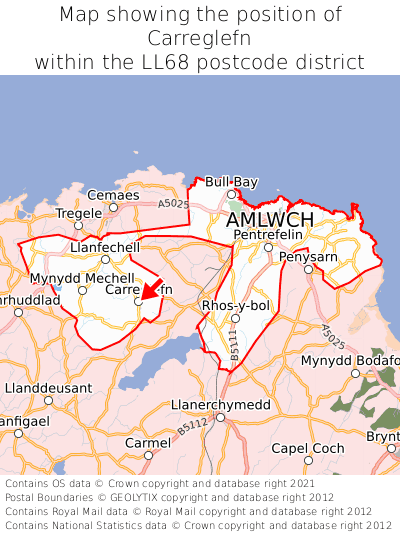Map showing location of Carreglefn within LL68