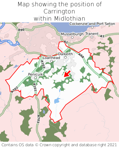 Map showing location of Carrington within Midlothian