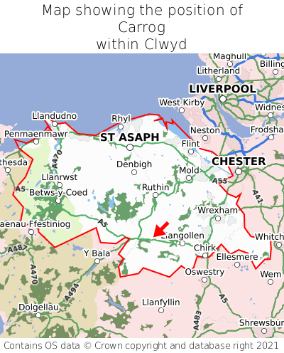 Map showing location of Carrog within Clwyd