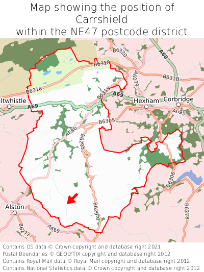 Map showing location of Carrshield within NE47