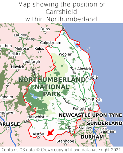 Map showing location of Carrshield within Northumberland