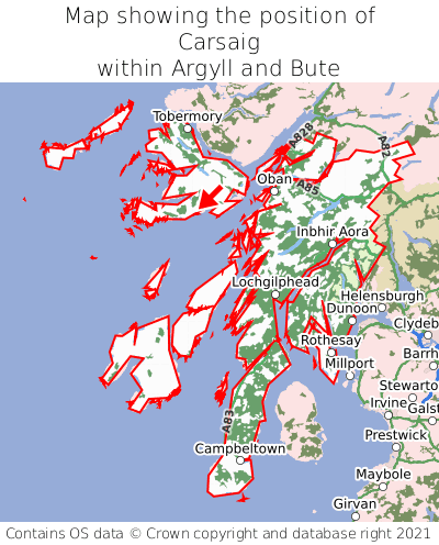 Map showing location of Carsaig within Argyll and Bute