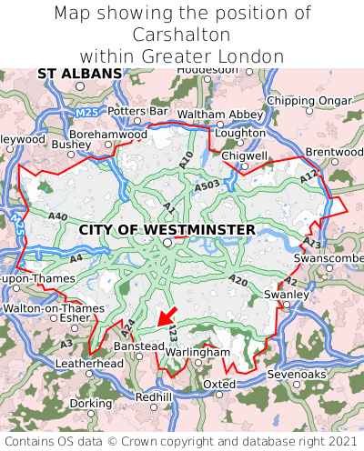 Map showing location of Carshalton within Greater London