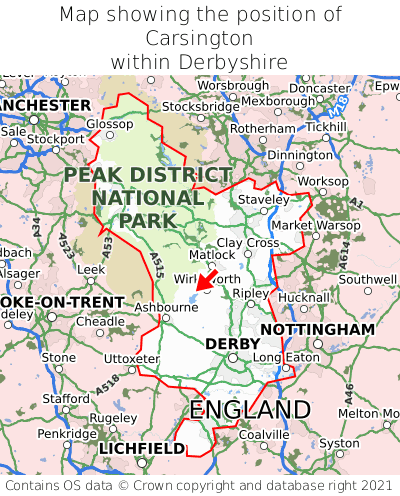 Map showing location of Carsington within Derbyshire
