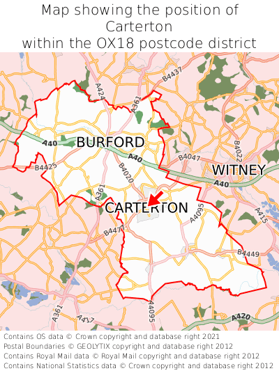 Map showing location of Carterton within OX18