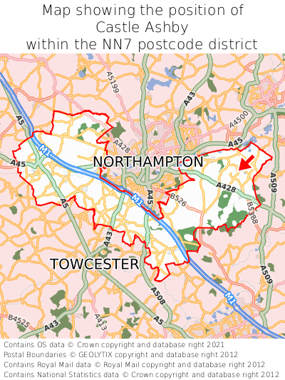 Map showing location of Castle Ashby within NN7