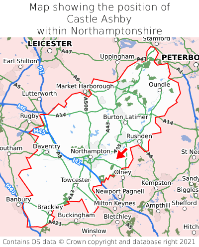 Map showing location of Castle Ashby within Northamptonshire