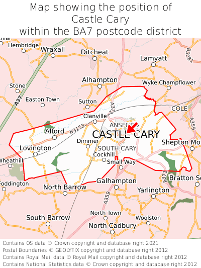 Map showing location of Castle Cary within BA7