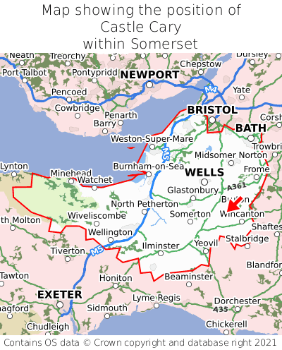 Map showing location of Castle Cary within Somerset