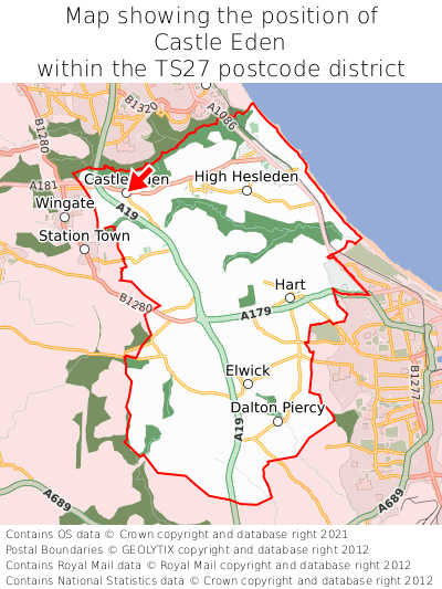 Map showing location of Castle Eden within TS27