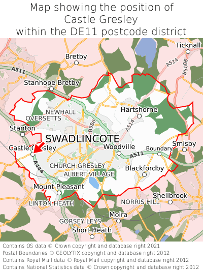 Map showing location of Castle Gresley within DE11