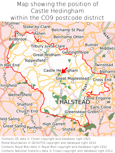 Map showing location of Castle Hedingham within CO9