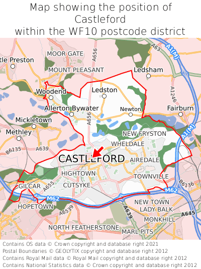 Map showing location of Castleford within WF10