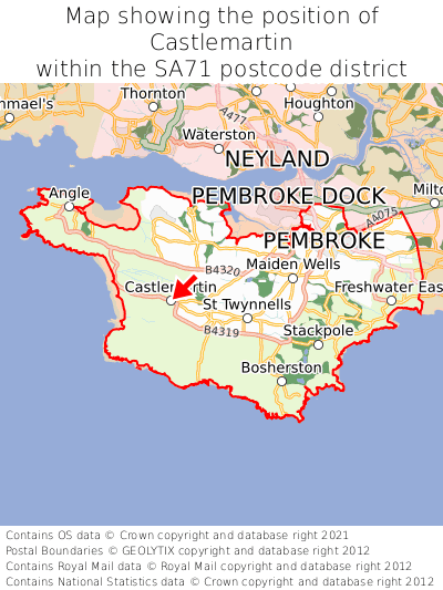Map showing location of Castlemartin within SA71