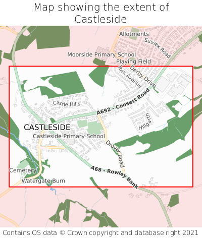Map showing extent of Castleside as bounding box