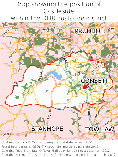 Map showing location of Castleside within DH8