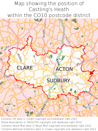 Map showing location of Castling's Heath within CO10