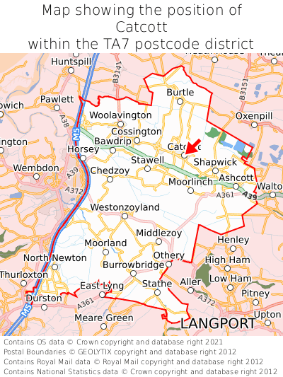 Map showing location of Catcott within TA7