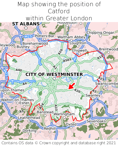 Map showing location of Catford within Greater London