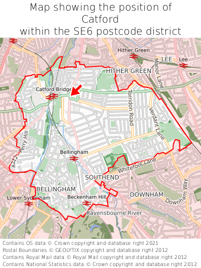 Map showing location of Catford within SE6