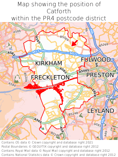 Map showing location of Catforth within PR4