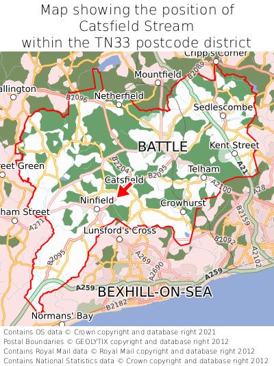 Map showing location of Catsfield Stream within TN33