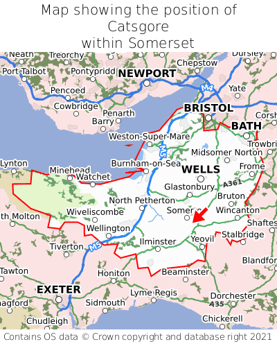 Map showing location of Catsgore within Somerset