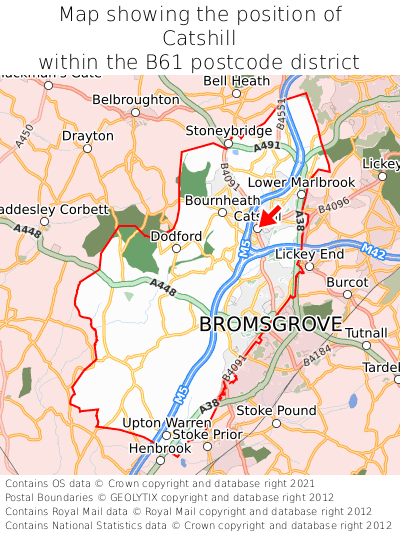 Map showing location of Catshill within B61